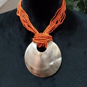 Womens Fashion Orange Seed Bead Abalone Shell Pendant Necklace w/ Lobster Clasp